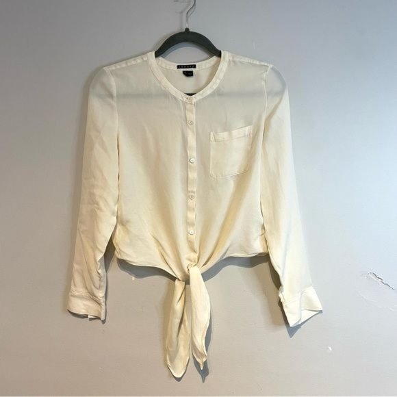 THEORY KEVINE SILK BUTTON TIE FRONT CROPPED SHEER LONG SLEEVE BLOUSE WHITE M - Picture 2 of 6